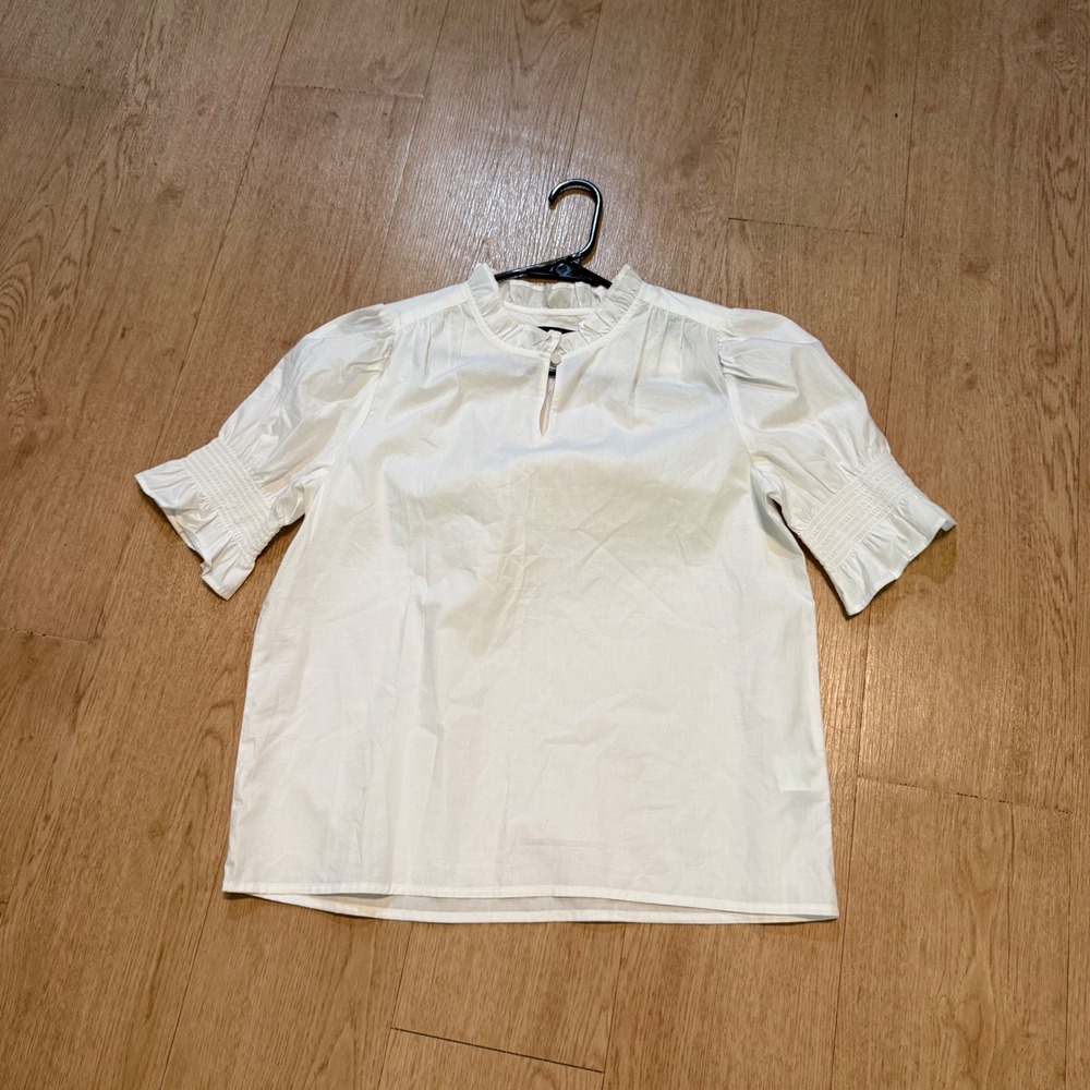 J.Crew Re-Imagined White Cotton Ruffle Neck Puff Sleeve Blouse Womens Small NWOT